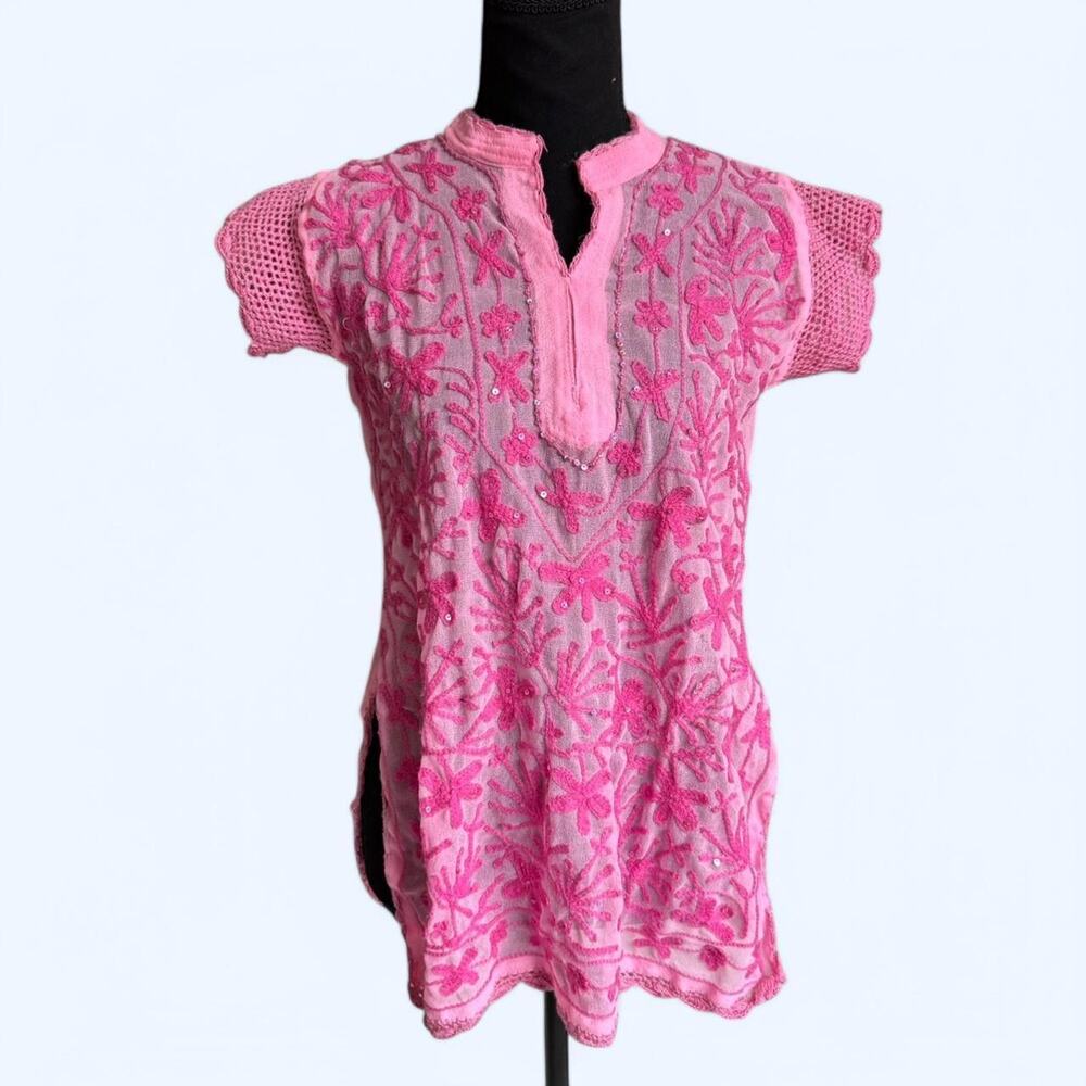 Pink sheer delicate floral embroidered sequin top crochet sleeves size small